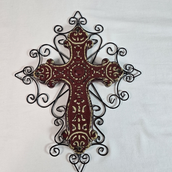 Other - Ceramic Wall Hung Cross With Decorative Wire Backing 14" Tall X 11" Wide Red